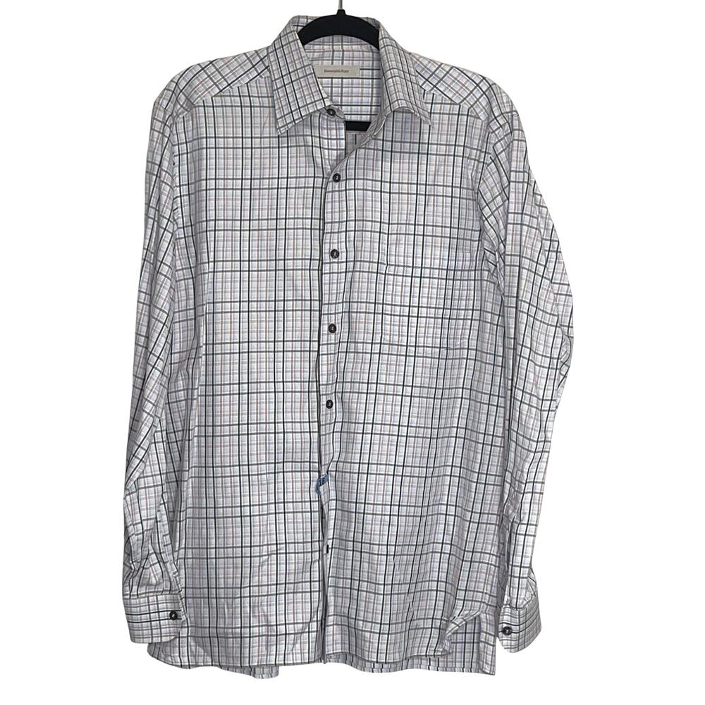 Ermenegildo Zegna Shirt Men’s Size L Plaid Button Long Sleeve 100% Cotton Italy